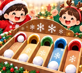 孩子在雪球彈珠台闖關